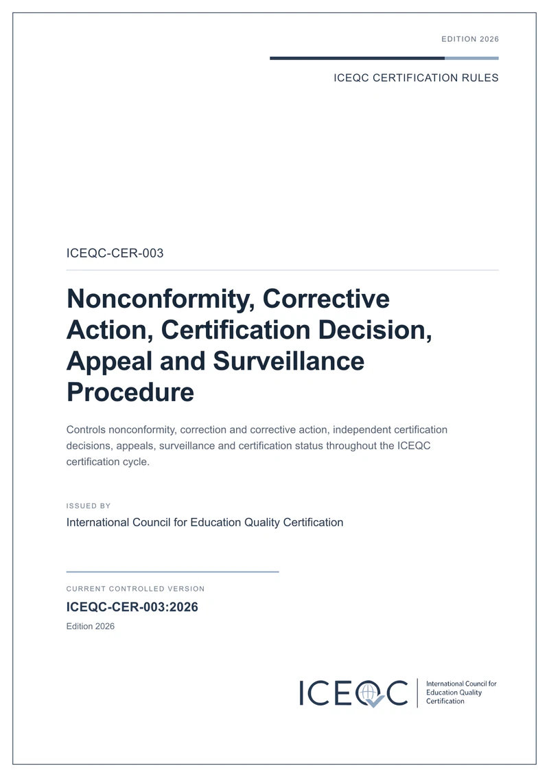 ICEQC-CER-003 — Nonconformity, Corrective Action, Certification Decision, Appeal and Surveillance Procedure cover